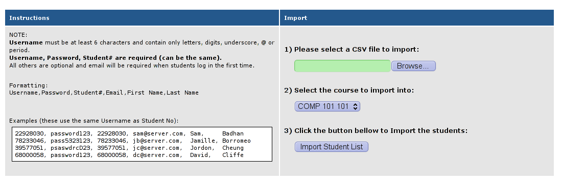 The Student Import form in iPeer
